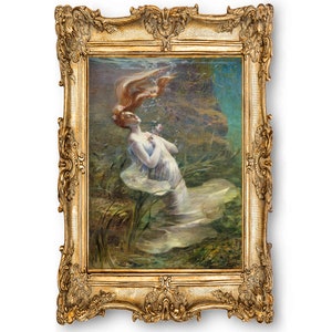 May include: A framed oil painting depicting a woman with long red hair submerged in water. She is surrounded by green plants and bubbles. The painting is set in a gold frame.