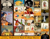 Vintage Halloween Kids Postcard Collage Sheet: Witch, Jack O'Lantern (Commercial Use) (Digital Download)