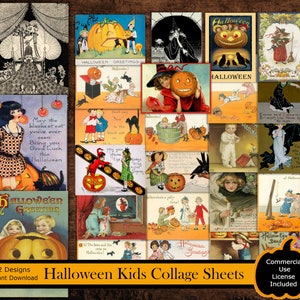 HALLOWEEN KIDS Collage Sheet, Uso COMERCIAL, Postal Vintage, Witch Ephemera, Jack O Lantern Art, Spooky Scrapbook, Devil Printable,