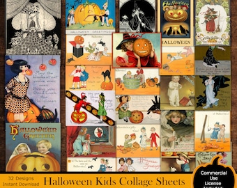 Vintage Halloween Kids Postcard Collage Sheet: Witch, Jack O'Lantern (Commercial Use) (Digital Download)