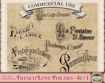 French Love Phrases Clipart: Vintage Typography, Amour Png (Commercial Use)