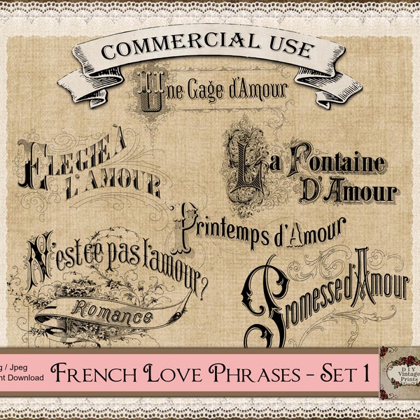 FRENCH LOVE PHRASES, Vintage Typography, Romantic Clipart, Commercial Use, Vintage Png, Fabric Transfers, Word Art Png, Amour Png, Love Text