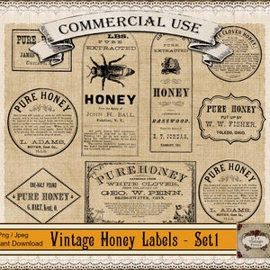 May include: A collection of vintage honey labels with various designs and text, including "Pure Honey" and "Commercial Use." The labels feature illustrations of bees and text such as "John H. Ball" and "Basswood." The labels are in sepia tones.