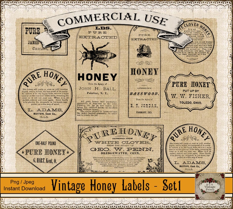 May include: A collection of vintage honey labels with various designs and text, including "Pure Honey" and "Commercial Use." The labels feature illustrations of bees and text such as "John H. Ball" and "Basswood." The labels are in sepia tones.