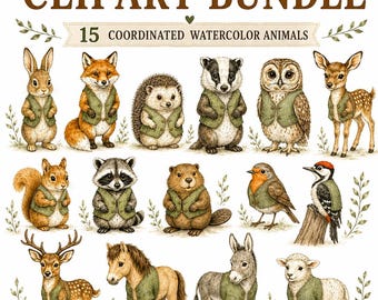 Bundel met clipart van bosdieren, aquarel bosdieren PNG, clipart voor de kinderkamer, clipart van bosdieren, commercieel gebruik, Cricut, sublimatie