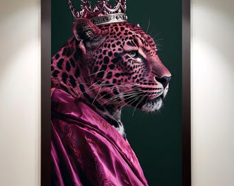 Roze cheetah print donkergroene muurkunst | Dopamine decor maximalistische dierenprint | Smaragdgroen digitale png-download | Slaapkamerdecoratie: