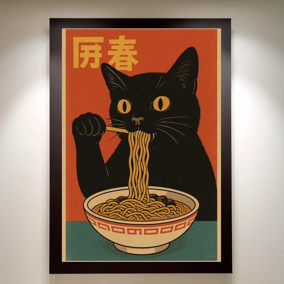 Vintage Cat Eating Ramen Wall Art Retro Japanese Poster Print Unique ...