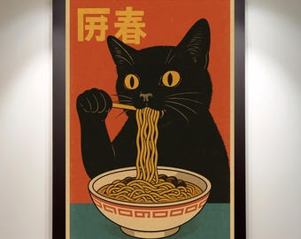 Vintage Cat Eating Ramen Wall Art Retro Japanese Poster Print Unique Kitchen Decor Noodle Lover Gift Quirky Cat Illustration
