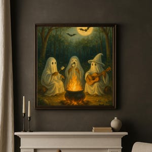 Cute Ghosts at Campfire Art, Ghosts with Marshmallow Art, Vintage Oil Painting, Cottagecore Artwork, Dark Academia Print, Halloween Wall Art