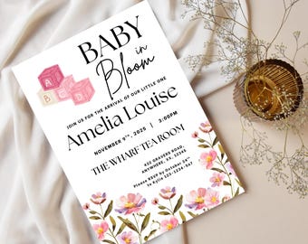 Baby In Bloom Invitation | Canva Digital Template Download | Floral Baby Shower Invitation Template | Wildflower Baby Shower Invitation
