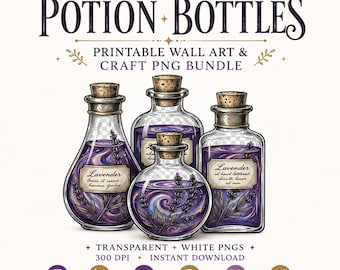 Printbare muurdecoratie met heksenbrouwselsfles, apothekersclipart PNG, Witchcore-decoratie, Dark Academia-decoratie, transparante PNG, sublimatieontwerp