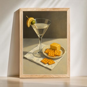Martini and Cheese Crackers Print, Kitchen Wall Art, Bar Decor, Food Art Print, Dining Room Decor, Home Bar Gift, Dining Room Art Wall Decor