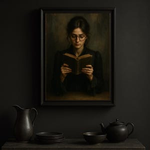 Dark Moody Wall Art | Victorian Woman Reading Bookish Wall Art Print | Dark Academia Decor Librariancore Wall Art | Reading Nook Painting
