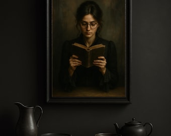 Dark Moody Wall Art | Victorian Woman Reading Bookish Wall Art Print | Dark Academia Decor Librariancore Wall Art | Reading Nook Painting