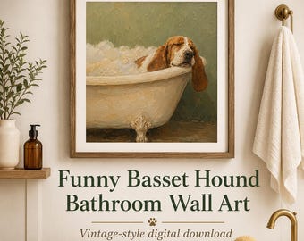 Basset Hound badkamer kunst aan de muur, grappige hond badkuip print, vintage hond decor, digitale download png, hond moeder cadeau, poeder kamer decor