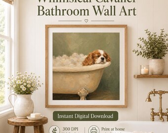 Cavalier King Charles Spaniël badkamer muurkunst, hond bad print, grillige cottage decor, hond moeder cadeau, afdrukbare digitale download