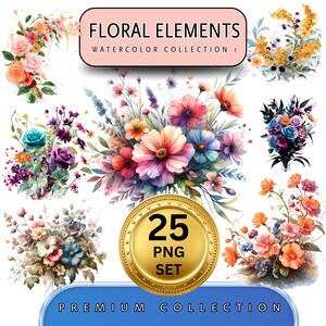 Floral Watercolor Wallart | Floral Watercolor Prints | Flower Digitals | Artful Flower Wallart Digital | Digital Download PNG | Set of 25