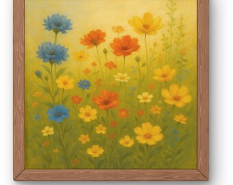 Printable Wildflower Field Landscape Oil Painting, Vintage Floral Farmhouse, Pale Yellow Flowers Spring Neutral Wall Art Digital Print