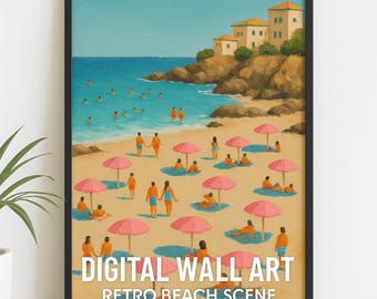Retro Coastal Beach Art Print | Pastel Pink Ocean Wall Decor | Vintage Bathroom & Bedroom Art | Girly Apartment Printable | Digital Download