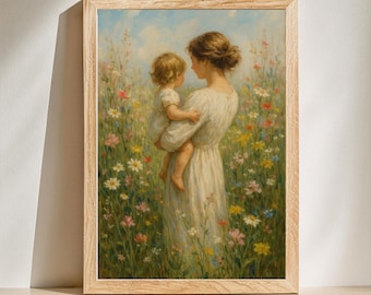 Moeder en kind op veld met wilde bloemen, afdrukbare kinderkamer kunst aan de muur, impressionistische bloemsierkunst, Instant Download digitale print, moederschap print