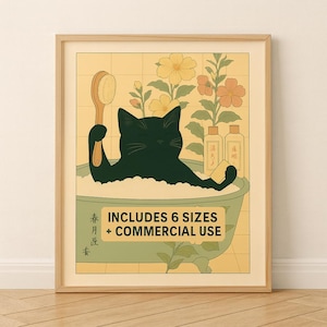 Black cat in a bathtub, Japanese bathroom wall art, Relaxation poster, Japan cat wall art, Aesthetic minimalism, Neutral Japandi print