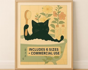 Zwarte kat in een badkuip, kunst aan de muur Japanse badkamer, poster ontspanning, kunst aan de muur Japanse kat, esthetisch minimalisme, neutrale Japandi-print