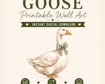 Printbare muurdecoratie met gans, ganzenkunst in cottagecore-stijl, landelijke ganzendecoratie, muurdecoratie voor de kinderkamer, ganzenmuurdecoratie, digitale download in PNG-formaat.