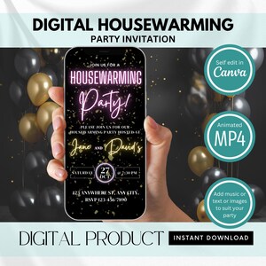 Digital Housewarming Party Invitation, Animated New Apartment House Warming Invite, Black Pink New Home Evite, Self Edit DIY Template Ecard