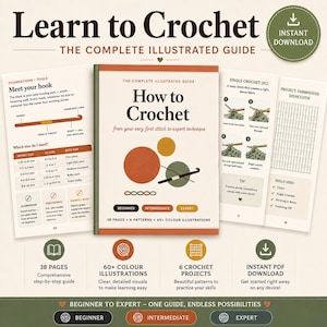 Può includere: Una guida digitale intitolata How to Crochet: The Complete Illustrated Guide, con una copertina centrale raffigurante gomitoli di lana e un uncinetto, affiancata da due pagine aperte che mostrano tecniche, misure di uncinetti e schemi.