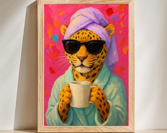 Printable Wall Art, Leopard Drinking Coffee Maximalist Oil Painting, Dopamine Dining Room, Colorful Trendy Kitchen, Vivid Morning Poster