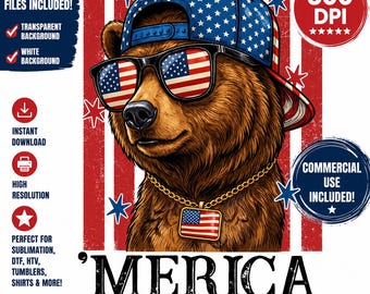 4 juli Bear PNG, Merica Bear sublimatie ontwerp, patriottische beer shirt afbeelding, Independence Day PNG, USA Bear Cricut, commercieel gebruik
