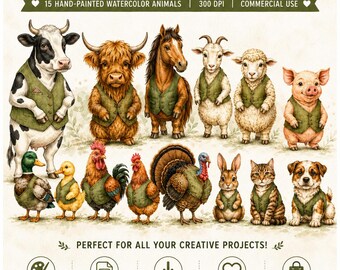 Bundel met clipart van boerderijdieren: aquarel boerderijdieren PNG, clipart voor de kinderkamer, clipart voor babyshower, commercieel gebruik, Cricut sublimatie printbaar PNG.