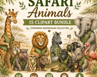 Bundel met clipart van safaridieren, aquarel safaridieren PNG, clipart van dieren voor de kinderkamer, commercieel gebruik, Cricut, sublimatie, 15 PNG-bestanden