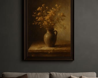 Moody Dark Wall Art | Rustic Dark Floral Autumn Painting, Moody Warm French Country Cottage Botanical Wall Decor, Downloadable Digital Print
