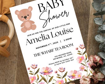 Uitnodiging babyshower | Babyshower lente zomer bloei | Sjabloon digitale uitnodiging babyshower Canva | Digitale download bewerkbare uitnodiging