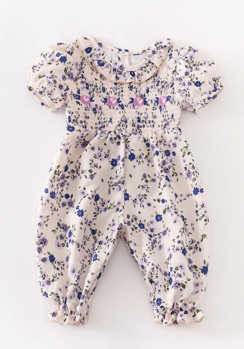 sophie smocked romper fuschia floral