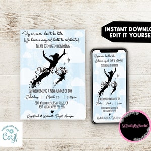 Peterpan babyshower uitnodiging, Neverland babyshower uitnodigen, nooit opgroeien babyshower, gepersonaliseerde en afdrukbare sjabloon, direct bewerken