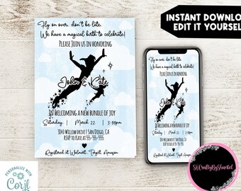 Puede incluir: Una invitación de baby shower azul y blanca con una silueta de Peter Pan y Wendy volando. La invitación dice "Fly on over, don't be late. We have a magical birth to celebrate! Please join us in honouring John & Kate. In welcoming a new bundle of joy. Saturday, March 22, 3:00pm. 3840 Willow Drive | San Diego, CA. RSVP to Kate at 555-555-5555. Registered at Walmart, Target, Amazon."