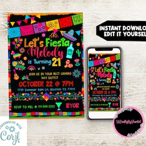Fiesta Birthday, Digital Invitation, Mexican Charro Day, tequila, 21st birthday, editable, guayabera, cinco de mayo, corjl, instant download