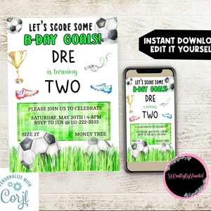 Voetbal verjaardagsuitnodiging, eerste bday thema, bewerkbare sjabloon, ideeën jongen, Instant Download, voetbal, keeper, verjaardagsdoelen, ideeën jongen