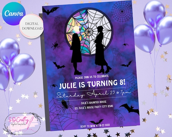 Wednesday Birthday invitation, Wednesday Addams, blue and purple, spooky, teen girl, dance dance dance, digital template, easy to edit