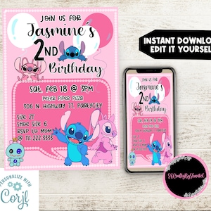 Invito di compleanno Stich e Angelo, Modello modificabile, idee ragazza, Download istantaneo, idee per i più piccoli, rosa, telefono, digitale, facile, carino
