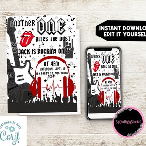 Another one bites the dust, birthday invitation, rock n roll, instant download, first birthday, themes for boys, toddlers, born to rock baby