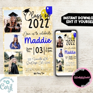 Gold Digital Graduation Invitation, Editable Template, Corjl, Instant Download, Printable, Digital Download, 2022 graduation, Photo inserts