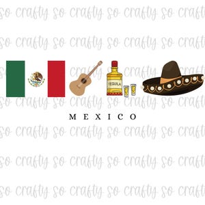 May include: A green, white, and red Mexican flag, a red guitar, a bottle of tequila, two shot glasses, and a brown sombrero with gold trim. The text "MEXICO" is below the items.