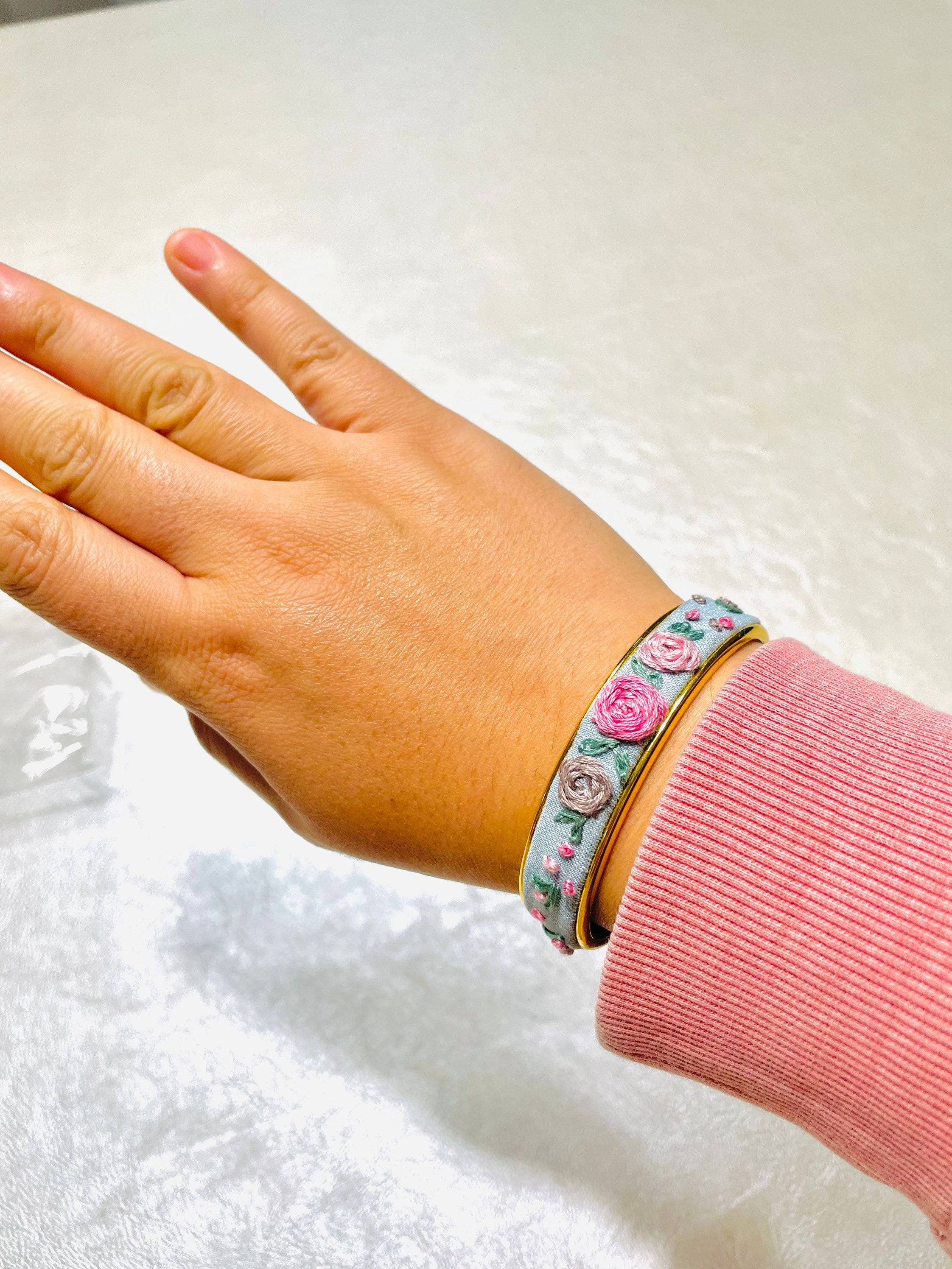Elegant Vintage Hand Embroidered Cuff Bracelet With Floral Design 