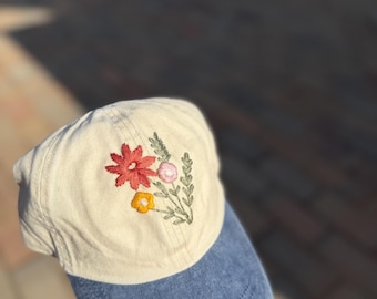 Washed Coton Baseball Cap,Floral hand embroidered baseball cap, Large Hand Embroidery,Curved Brim Baseball Hat,Colorful Summer Hat