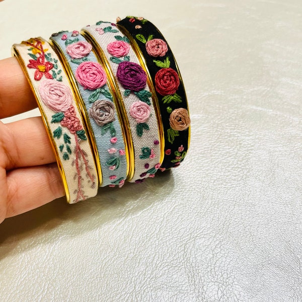 Elegant vintage hand embroidered cuff bracelet with floral design