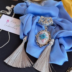 Elegant Vintage Scarf Necklace with Hand embroidered pendant