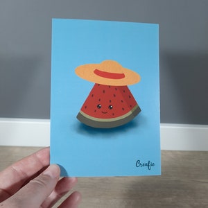 Impression d'art A6 carte postale melon avec chapeau de paille pour les amateurs d'art